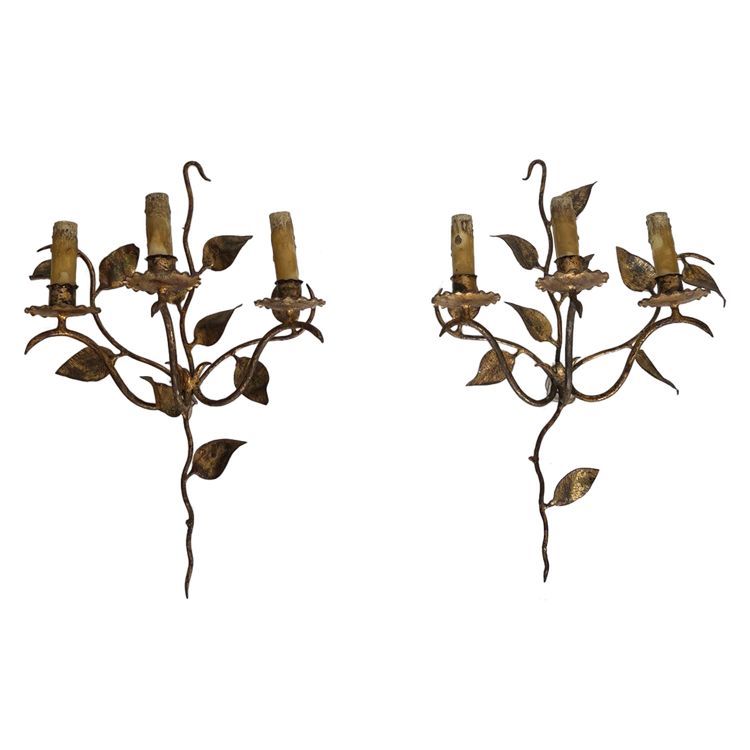 Pair of Gilded Metal Wall Lights with 3 Light Arms and Leaf Decorations. French work.