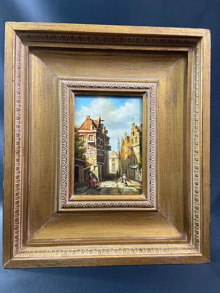 Painting oil on panel German school busy street Germany J. Hausman