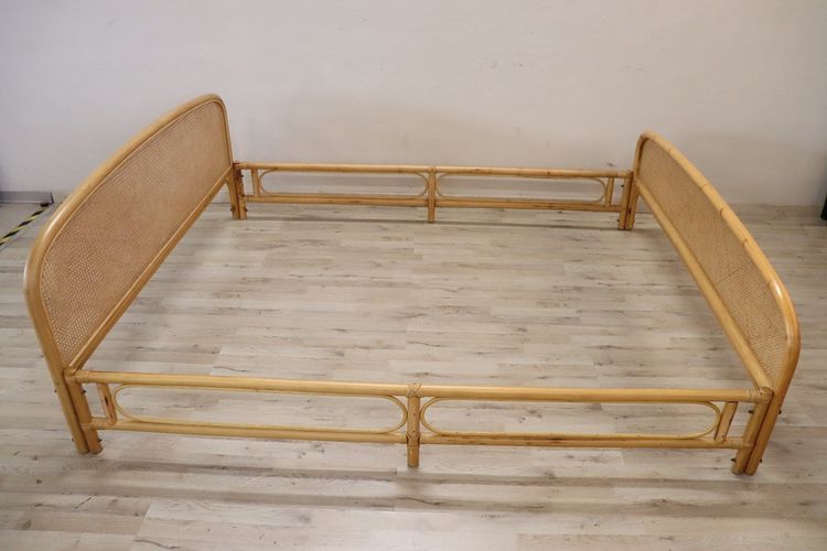 Vintage Double Bed in Bamboo and Vienna Straw, 1980s