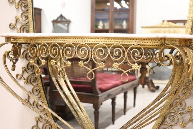 Oval Floor Mirror in Iron with Consolle Table in Marble attributed to Pier Luigi Colli