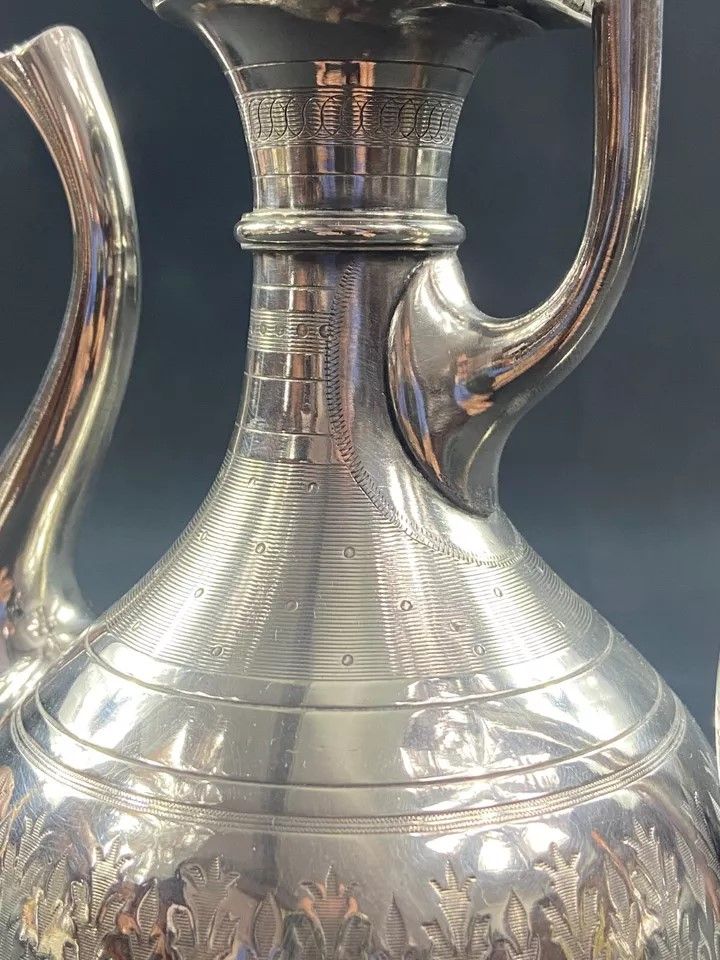 19th-century silver-plated coffee pot with rich Napoleon III guilloché decoration