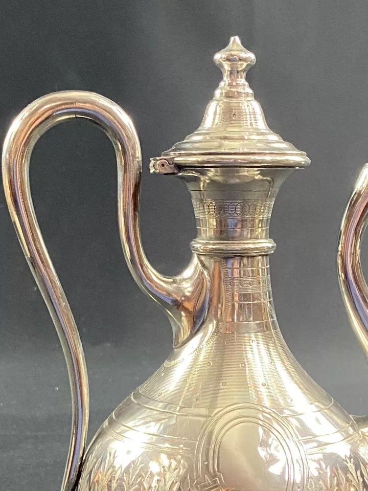 19th-century silver-plated coffee pot with rich Napoleon III guilloché decoration