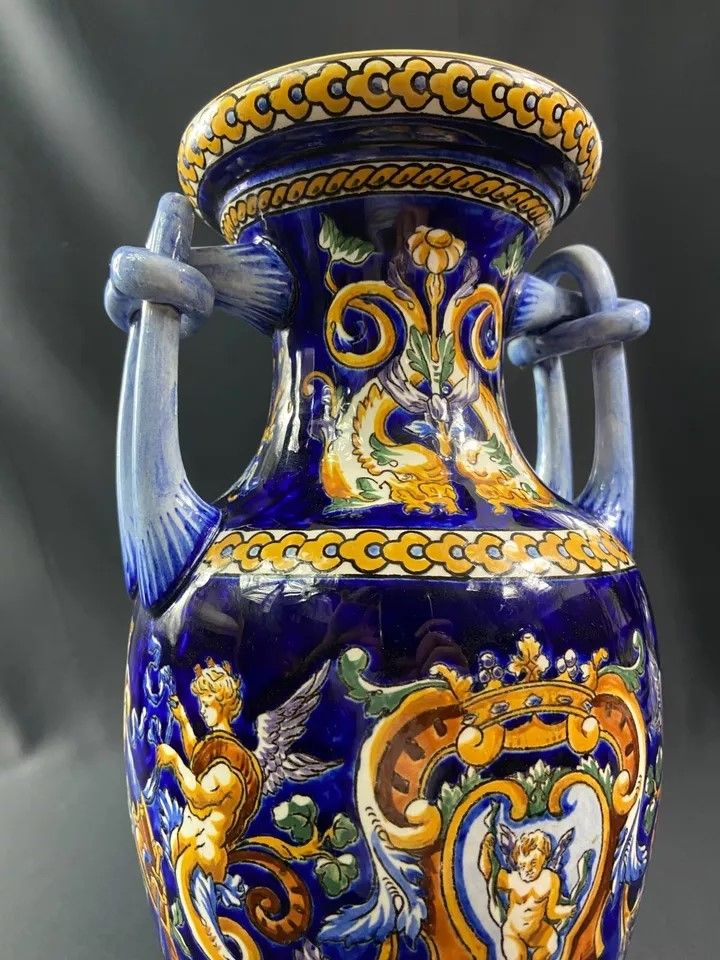 Large vase with handles in Gien earthenware, Renaissance décor on a blue background