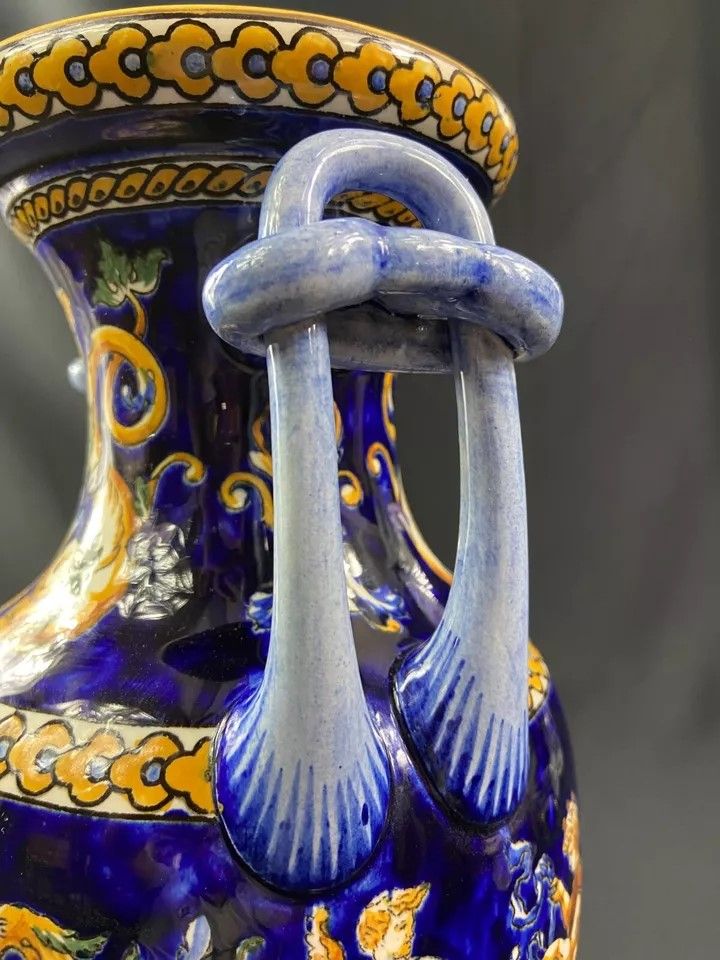 Large vase with handles in Gien earthenware, Renaissance décor on a blue background