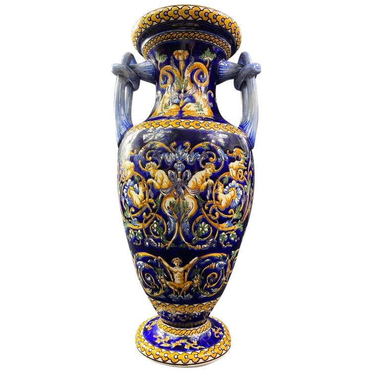 Large vase with handles in Gien earthenware, Renaissance décor on a blue background