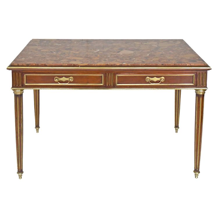 Louis XVI style desk table in solid mahogany and mahogany veneer with marble top