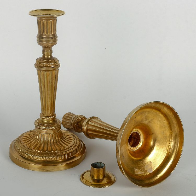 Pair of French Louis XVI period fluted gilt-bronze candlesticks mounted as table lamps circa 1780