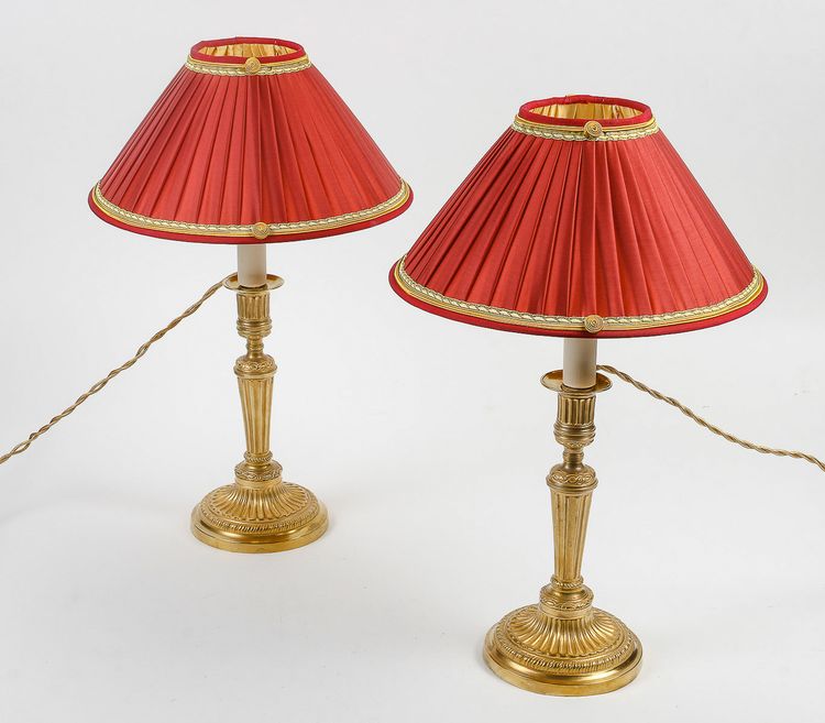 Pair of French Louis XVI period fluted gilt-bronze candlesticks mounted as table lamps circa 1780