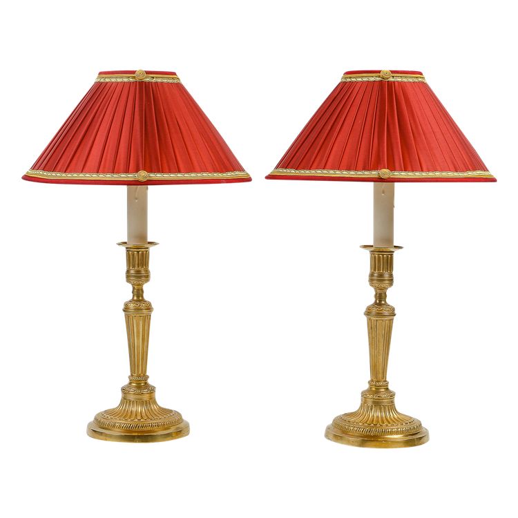 Pair of French Louis XVI period fluted gilt-bronze candlesticks mounted as table lamps circa 1780