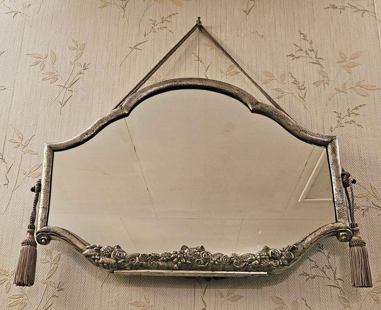 Miroir Art Déco En Bronze Martelé Et Argenté