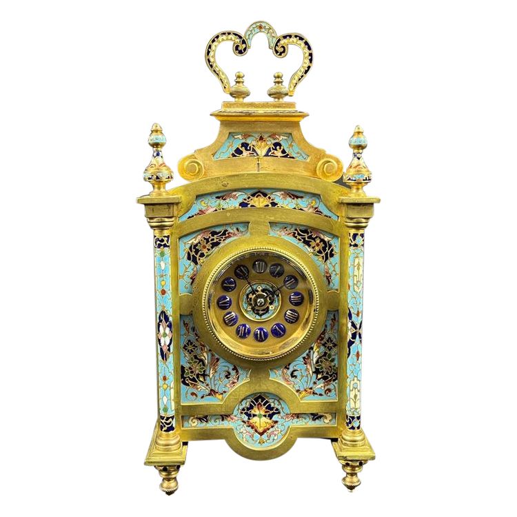 Orologio da viaggio in bronzo dorato e smalto cloisonné, fine XIX secolo