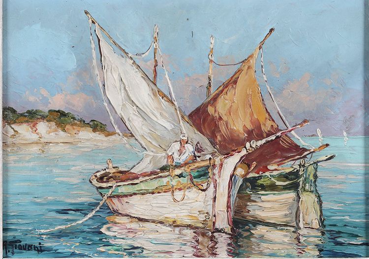 Saint Tropez and its Tartanes, signed: René GIOVANI, Marine painting