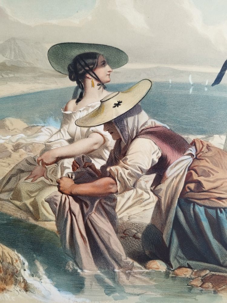 Lithograph  Women In Nice Watercolored  19th C Old Print