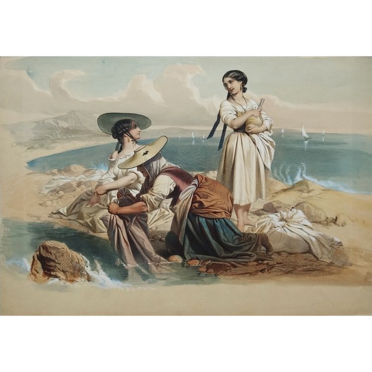 Lithograph  Women In Nice Watercolored  19th C Old Print