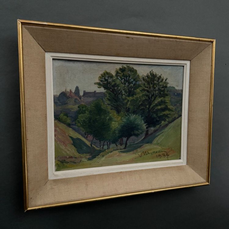 Oil on cardboard by Mereau 1936 representing a grove of trees