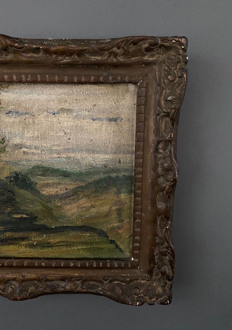 Oil on canvas depicting a forest landscape in the early 20th century, stucco frame