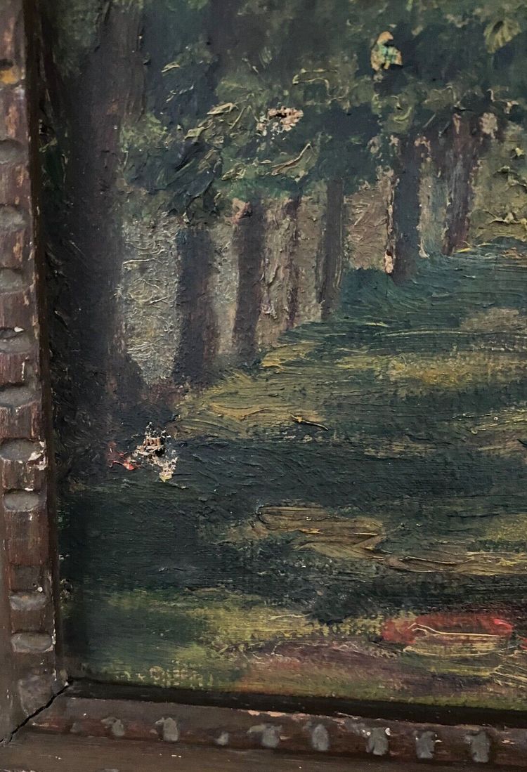 Oil on canvas depicting a forest landscape in the early 20th century, stucco frame