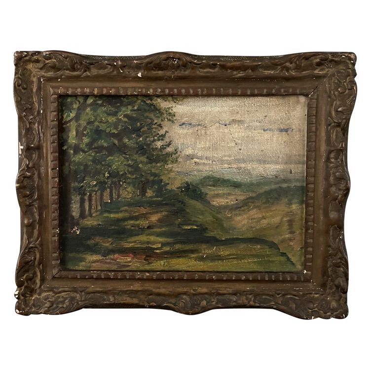 Oil on canvas depicting a forest landscape in the early 20th century, stucco frame