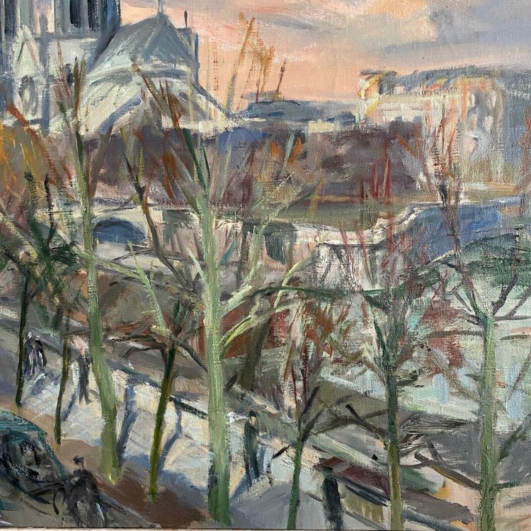 Huile sur toile par René Levrel Paris Notre-Dame XXe cadre cérusé