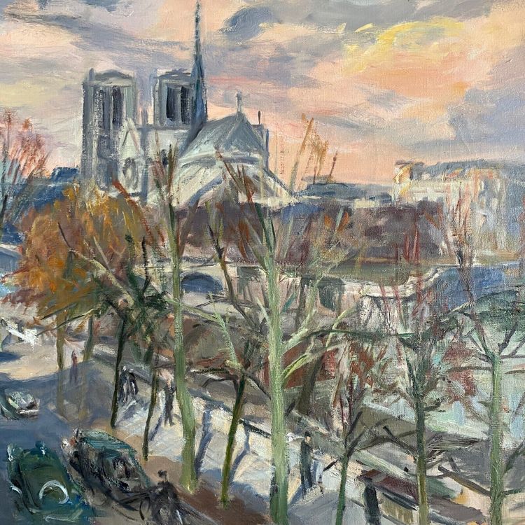 Huile sur toile par René Levrel Paris Notre-Dame XXe cadre cérusé