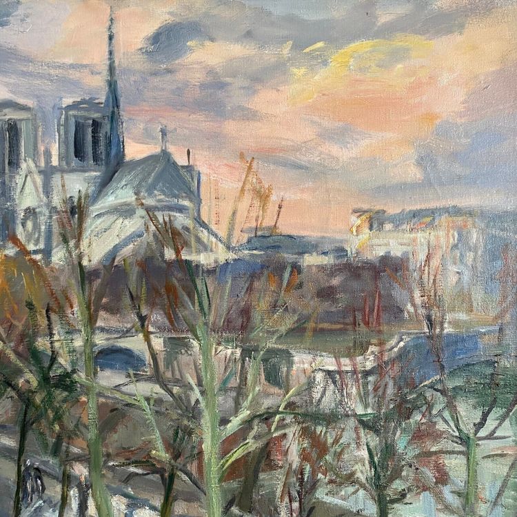 Huile sur toile par René Levrel Paris Notre-Dame XXe cadre cérusé