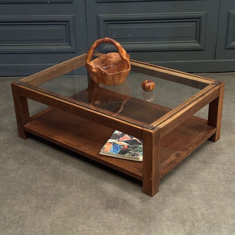 1970s coffee table in oak and glass top, French work