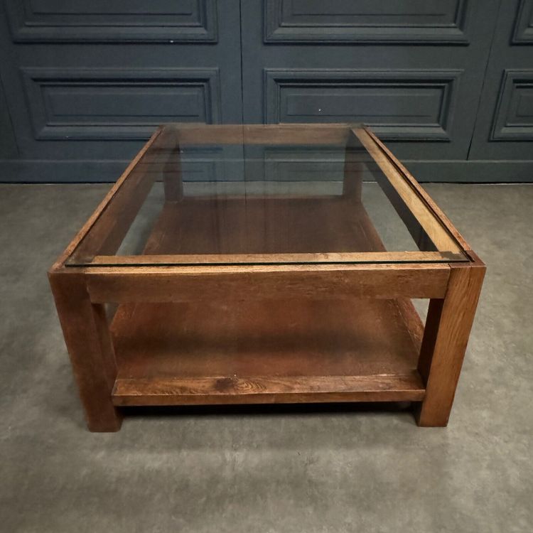 1970s coffee table in oak and glass top, French work