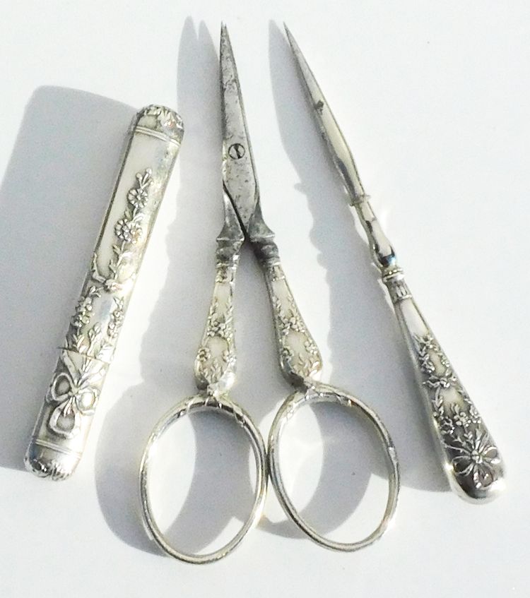 Antique Sewing Box Necessary Early 19th Century Scissors Thimble Sewing Awl Silver