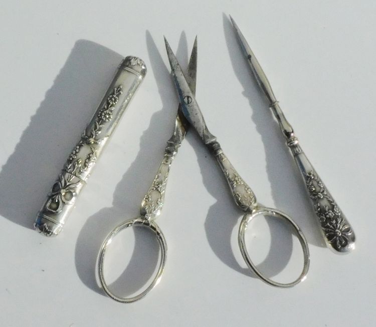 Antique Sewing Box Necessary Early 19th Century Scissors Thimble Sewing Awl Silver