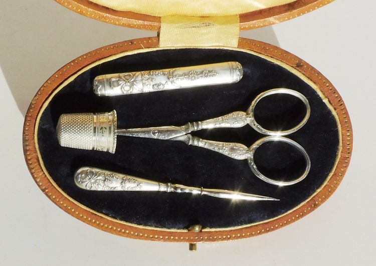 Antique Sewing Box Necessary Early 19th Century Scissors Thimble Sewing Awl Silver