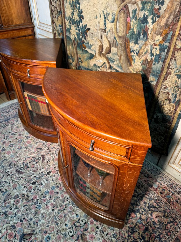 Pair of 19th century glass corner cabinets in blond oak