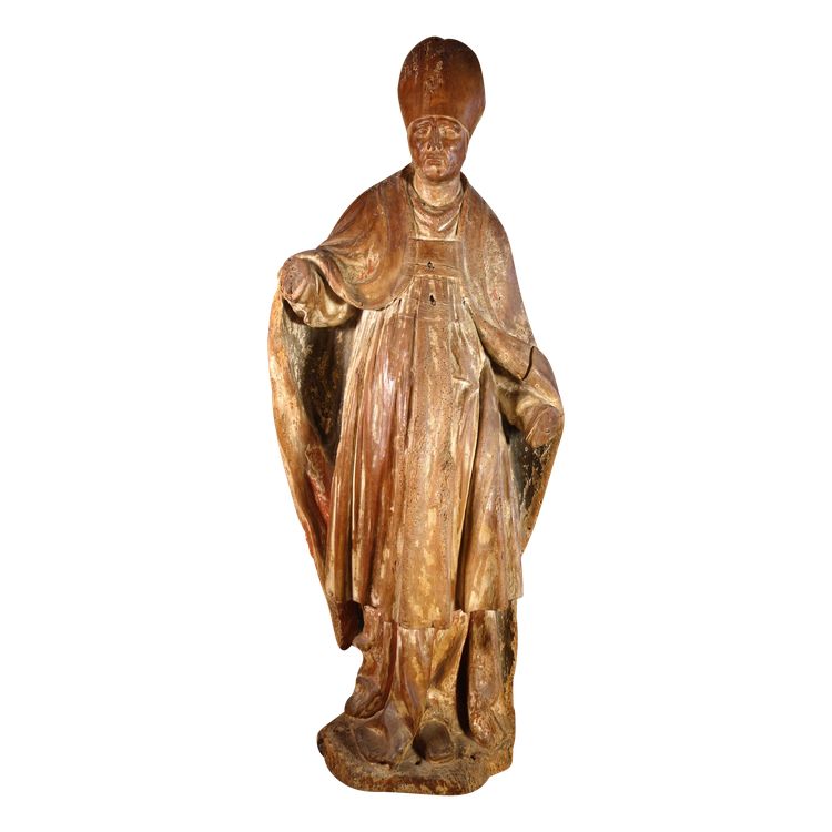 Large, formerly polychrome statue of a bishop