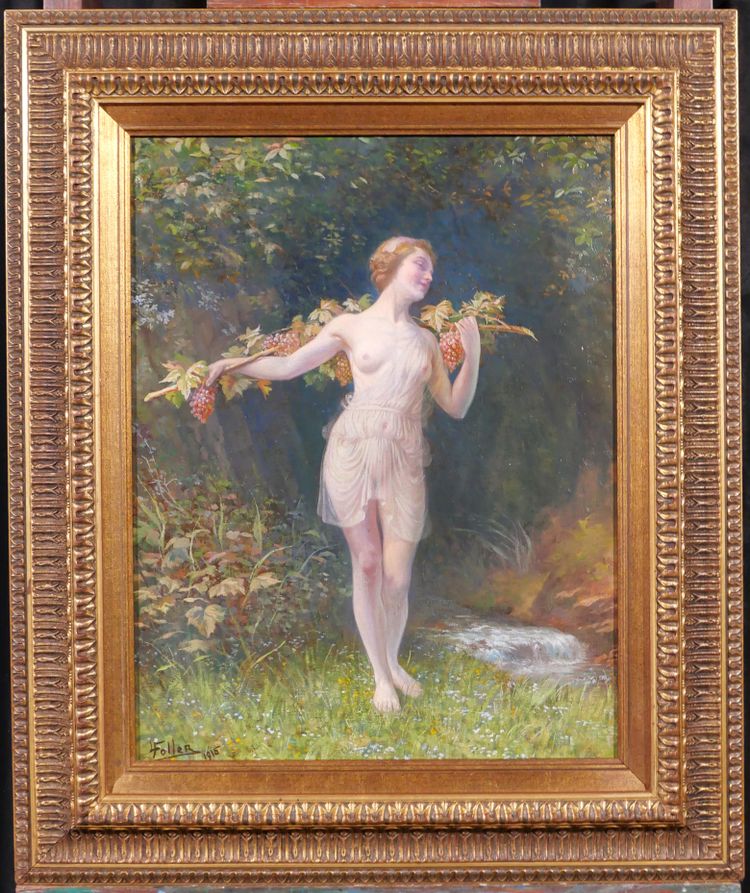 Lucien FOLLER 1869-1938 Bacchante, femme nue, tableau Art Nouveau, 1915