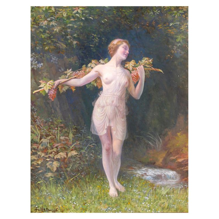 Lucien FOLLER 1869-1938 Bacchante, femme nue, tableau Art Nouveau, 1915