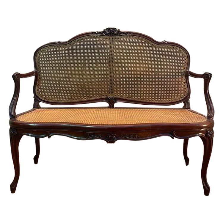 Louis XV mahogany and cane bench