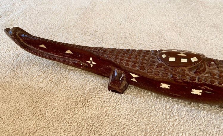 Solomon Islands, 1950s/1960s, Mother-of-Pearl Inlaid Wood Carving of a Crocodile.