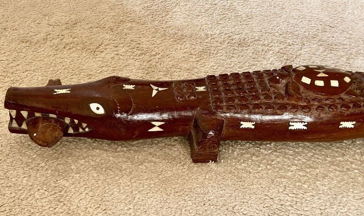 Solomon Islands, 1950s/1960s, Mother-of-Pearl Inlaid Wood Carving of a Crocodile.