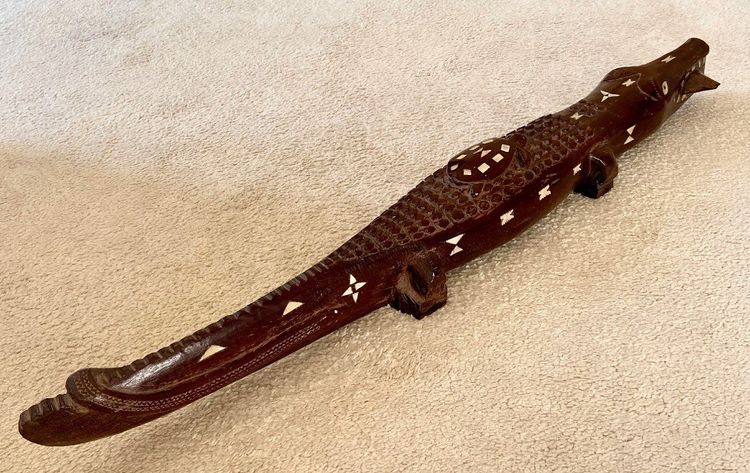 Solomon Islands, 1950s/1960s, Mother-of-Pearl Inlaid Wood Carving of a Crocodile.