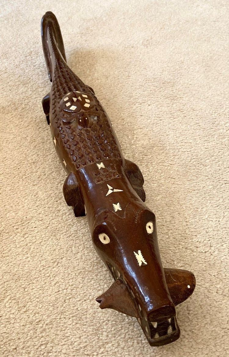 Solomon Islands, 1950s/1960s, Mother-of-Pearl Inlaid Wood Carving of a Crocodile.