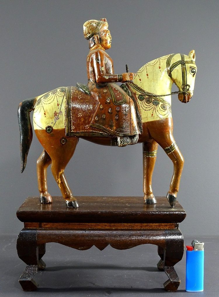 India, Mid-Twentieth Century, Polychrome Wooden Group Rider On His Harnessed Mount.