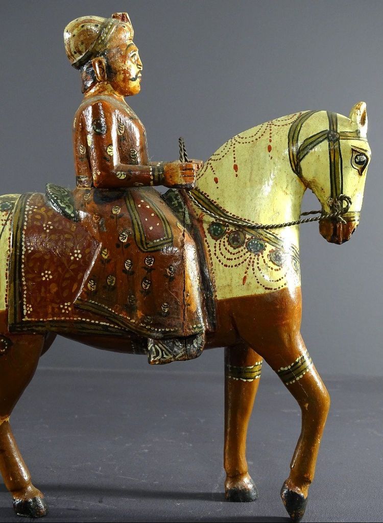 India, Mid-Twentieth Century, Polychrome Wooden Group Rider On His Harnessed Mount.