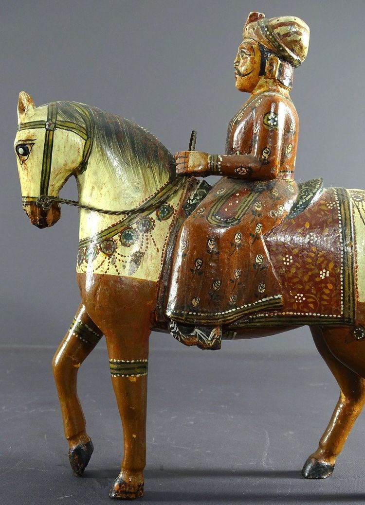 India, Mid-Twentieth Century, Polychrome Wooden Group Rider On His Harnessed Mount.