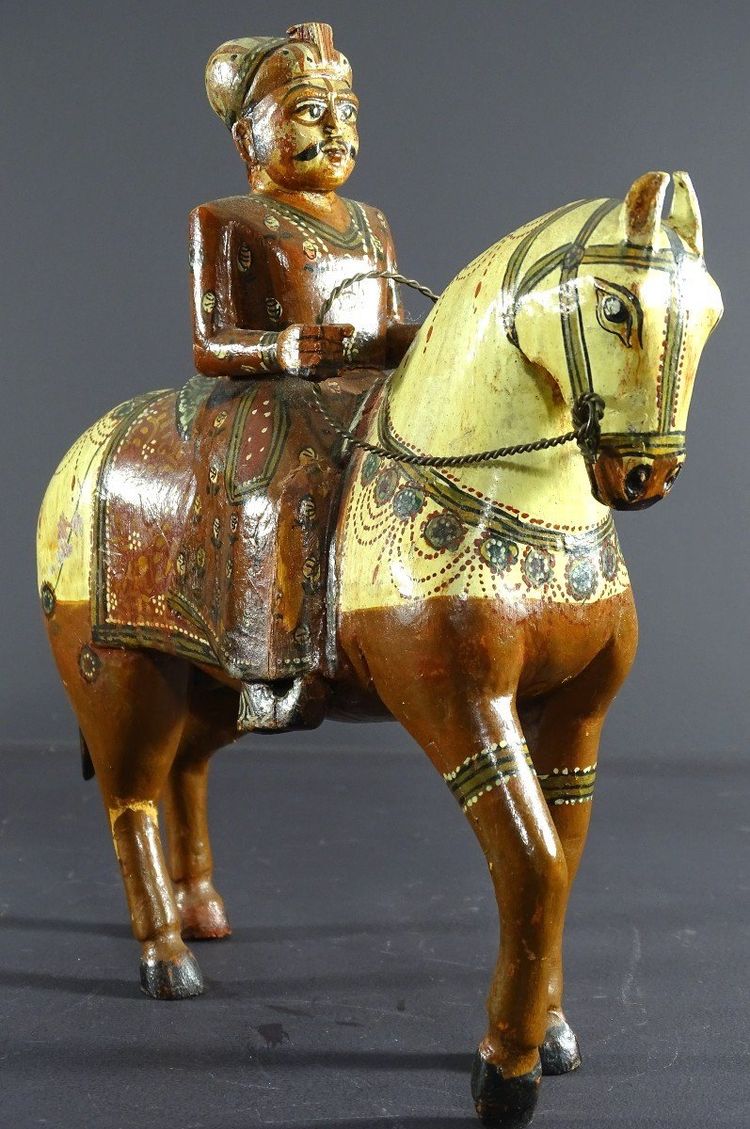 India, Mid-Twentieth Century, Polychrome Wooden Group Rider On His Harnessed Mount.