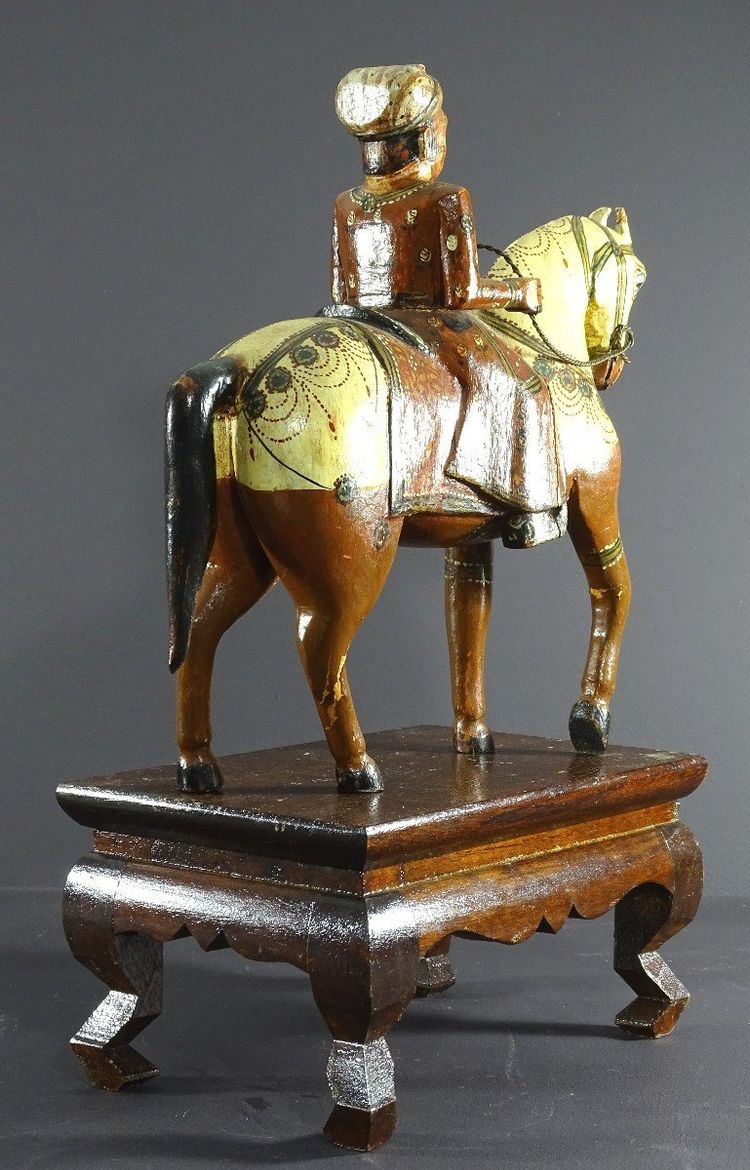 India, Mid-Twentieth Century, Polychrome Wooden Group Rider On His Harnessed Mount.