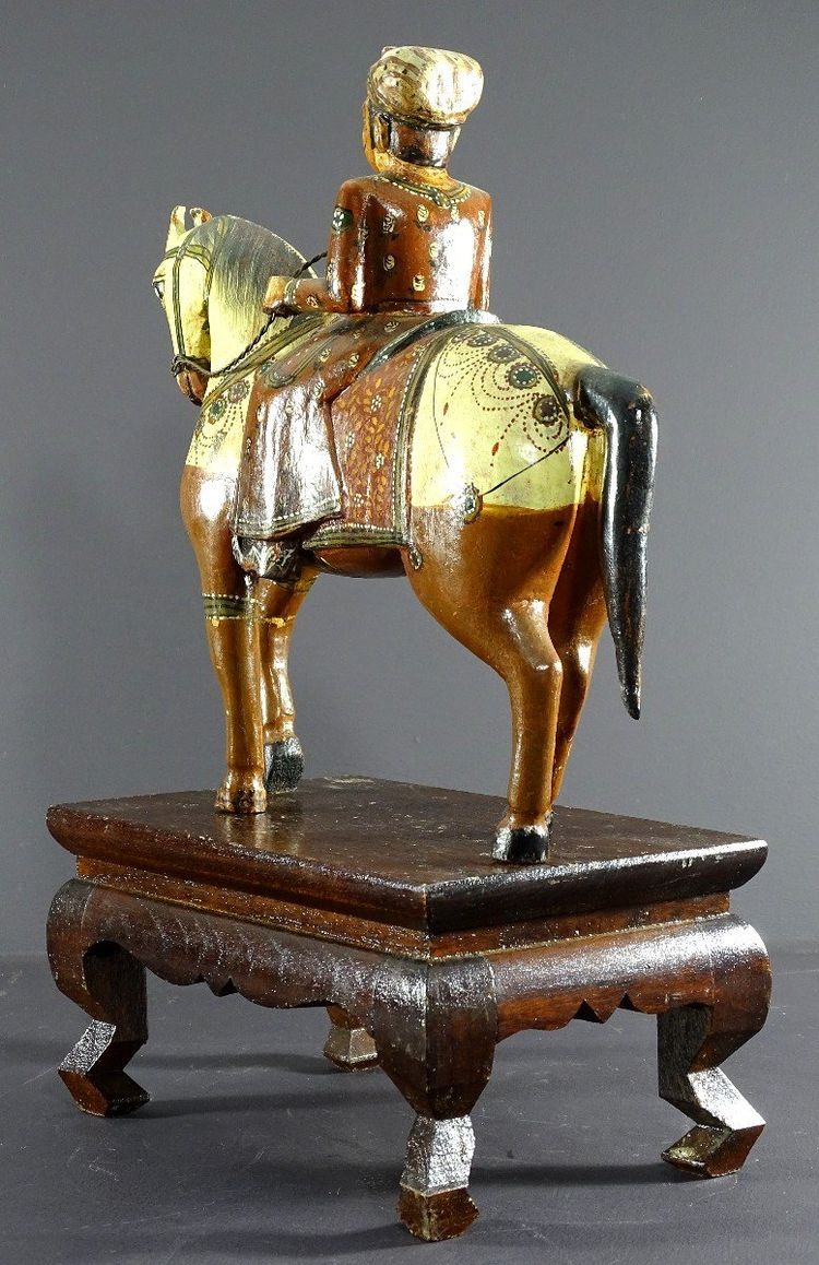 India, Mid-Twentieth Century, Polychrome Wooden Group Rider On His Harnessed Mount.