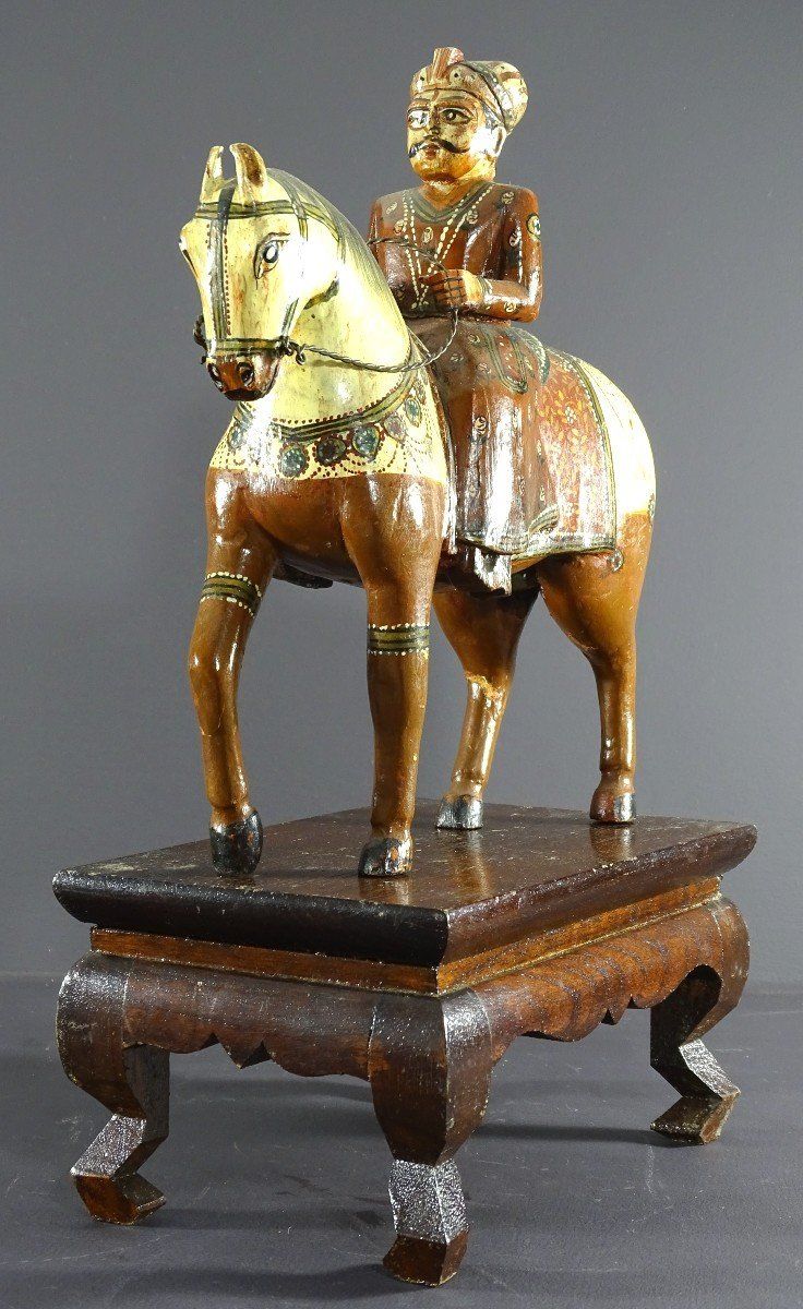 India, Mid-Twentieth Century, Polychrome Wooden Group Rider On His Harnessed Mount.