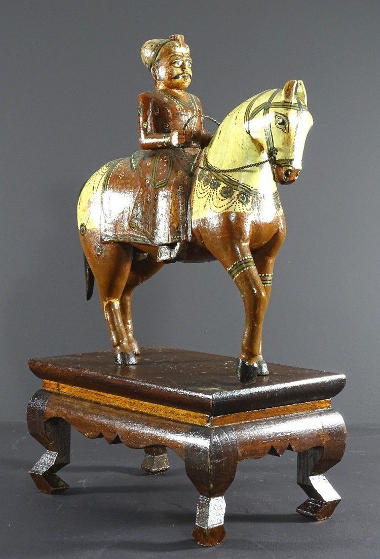 India, Mid-Twentieth Century, Polychrome Wooden Group Rider On His Harnessed Mount.