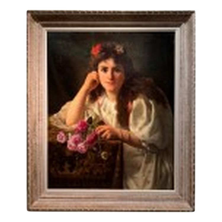 Portrait of a young girl with a bouquet of roses, V.HUGON, 1896