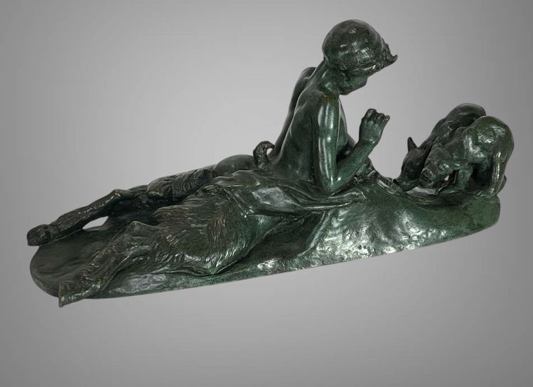 EMMANUEL FREMIER 1824 -1910 BRONZE WITH GREEN PATINA "PAM ET OURSONS" SIGNED