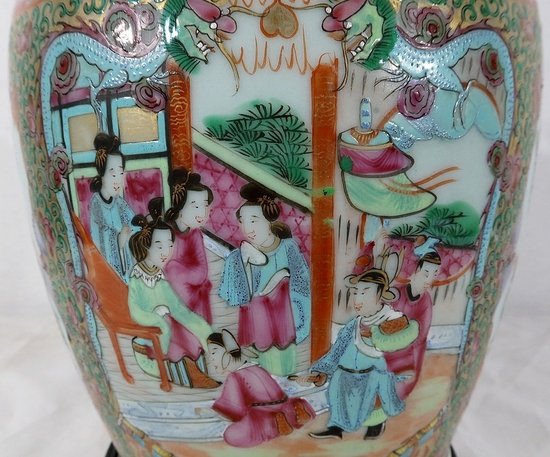  Canton porcelain vase on wooden base, China - 19th century